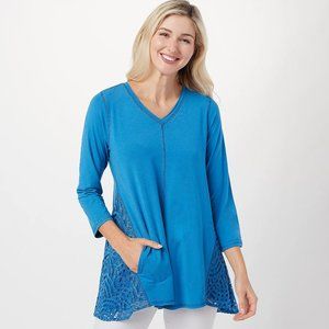 LOGO by Lori Goldstein Blue 3/4-Sleeve Blouse Top w/Lace Inset Pockets XS NIP